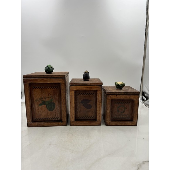 Vintage Wooden Canister Set Kitchen Storage Vegetable Theme Squash Aubergine 80s